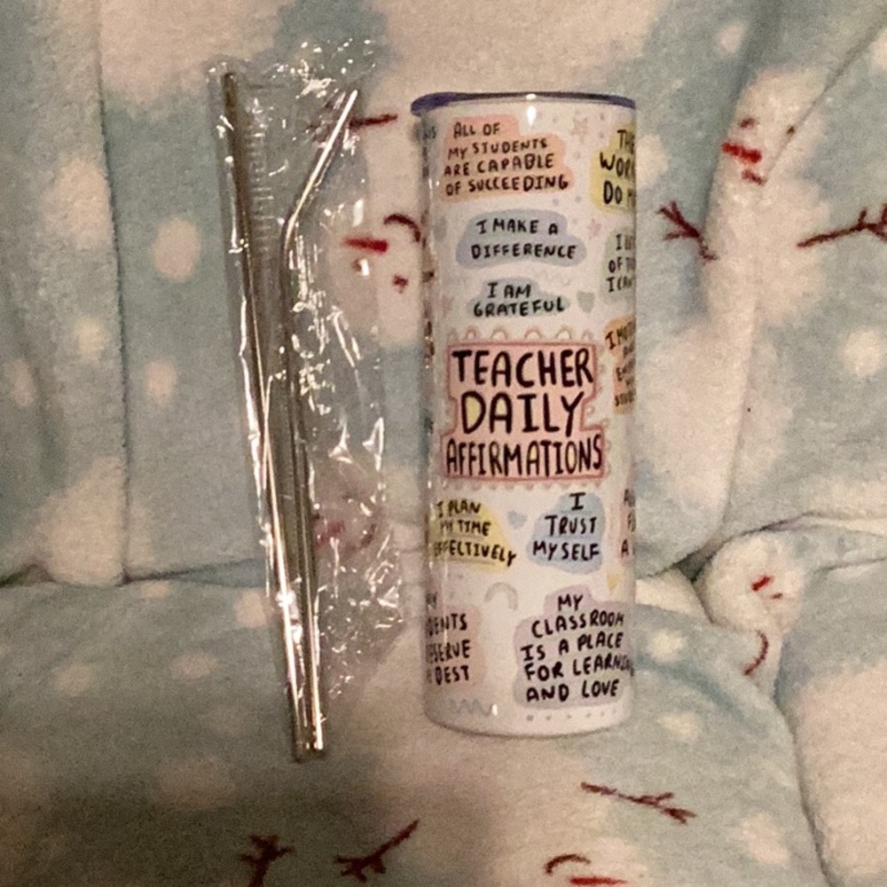 Teacher Daily Affirmations 20 oz Skinny Tumbler w/ Reusable Straws and Brush